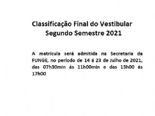 RESULTADO E CIRCULAR VESTIBULAR SEGUNDO SEMESTRE - 2021